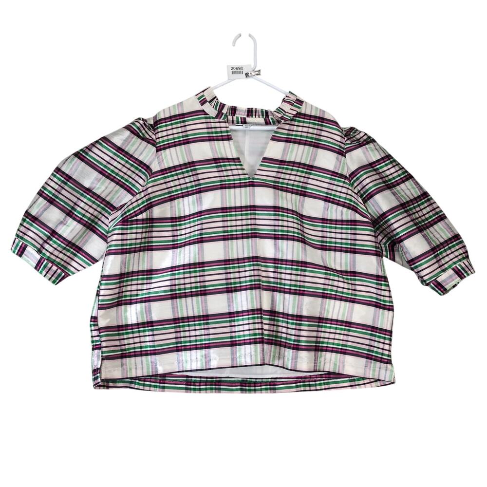 Crown & Ivy Opalescent Pink Plaid Blouse Women's Plus Size 3X Balloon Sleeves